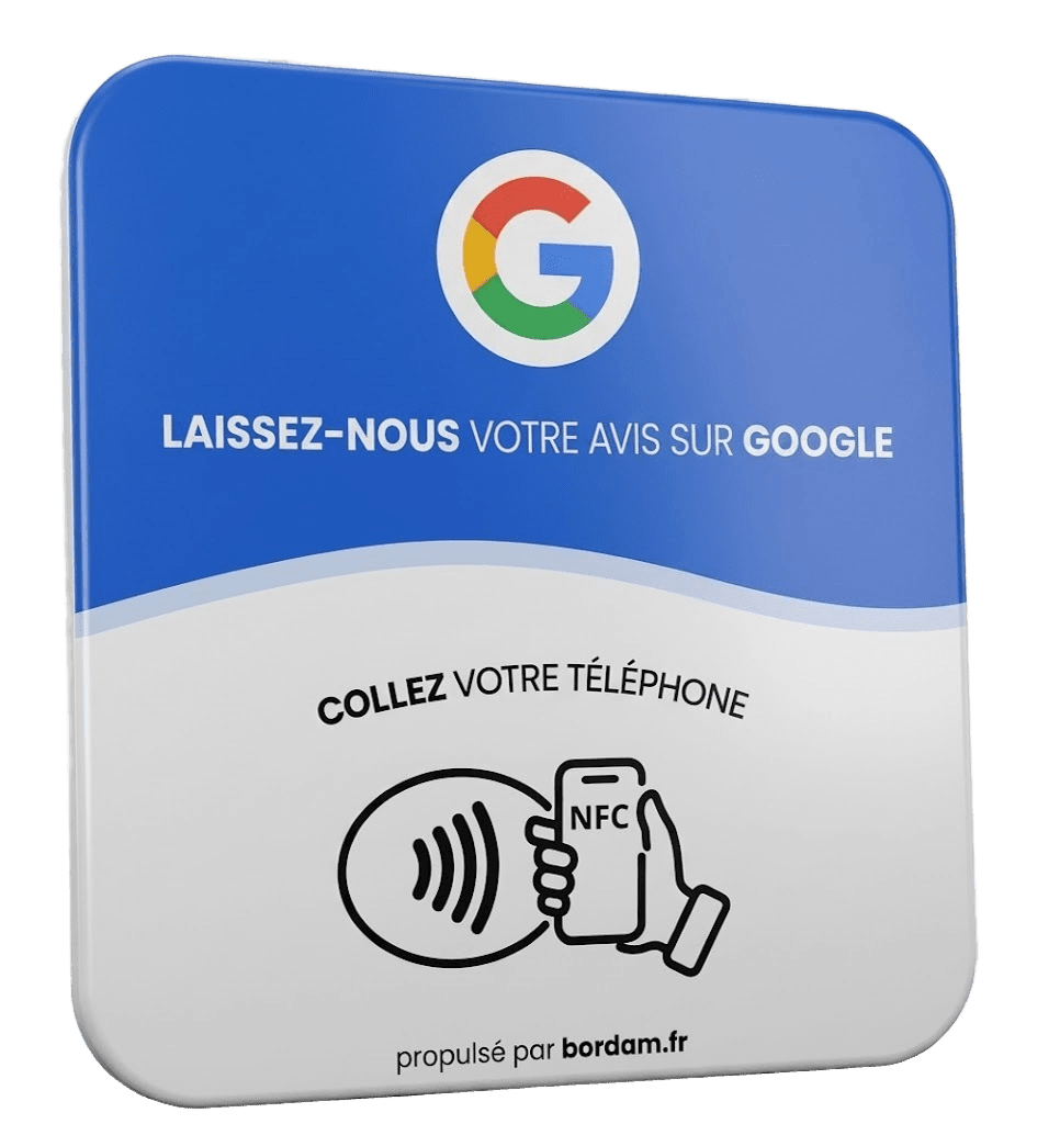 Carte NFC Bordam à poser en caisse : le client tape son téléphone pour laisser un avis Google.
