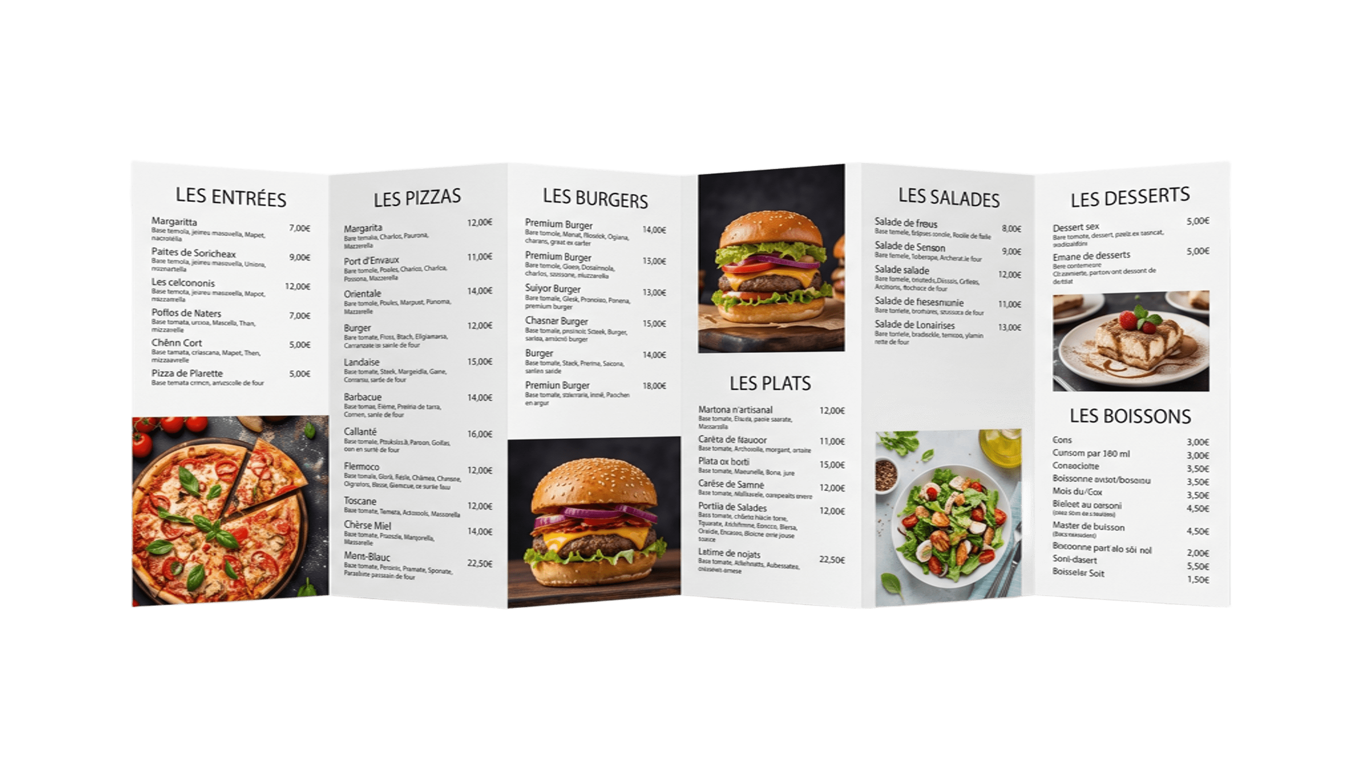 Menu papier physique déplié, plusieurs catégories de plats avec prix — état avant le passage au menu digital NFC. Illustration du principe.