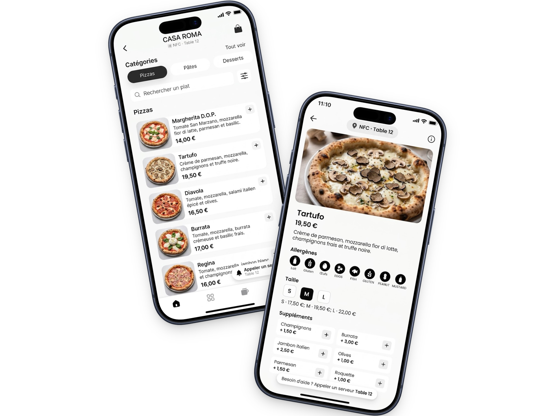 Liste du menu par catégories et détail d'un plat sélectionné (description, allergènes, taille, suppléments), affichés sur 2 écrans iPhone. Illustration du principe.
