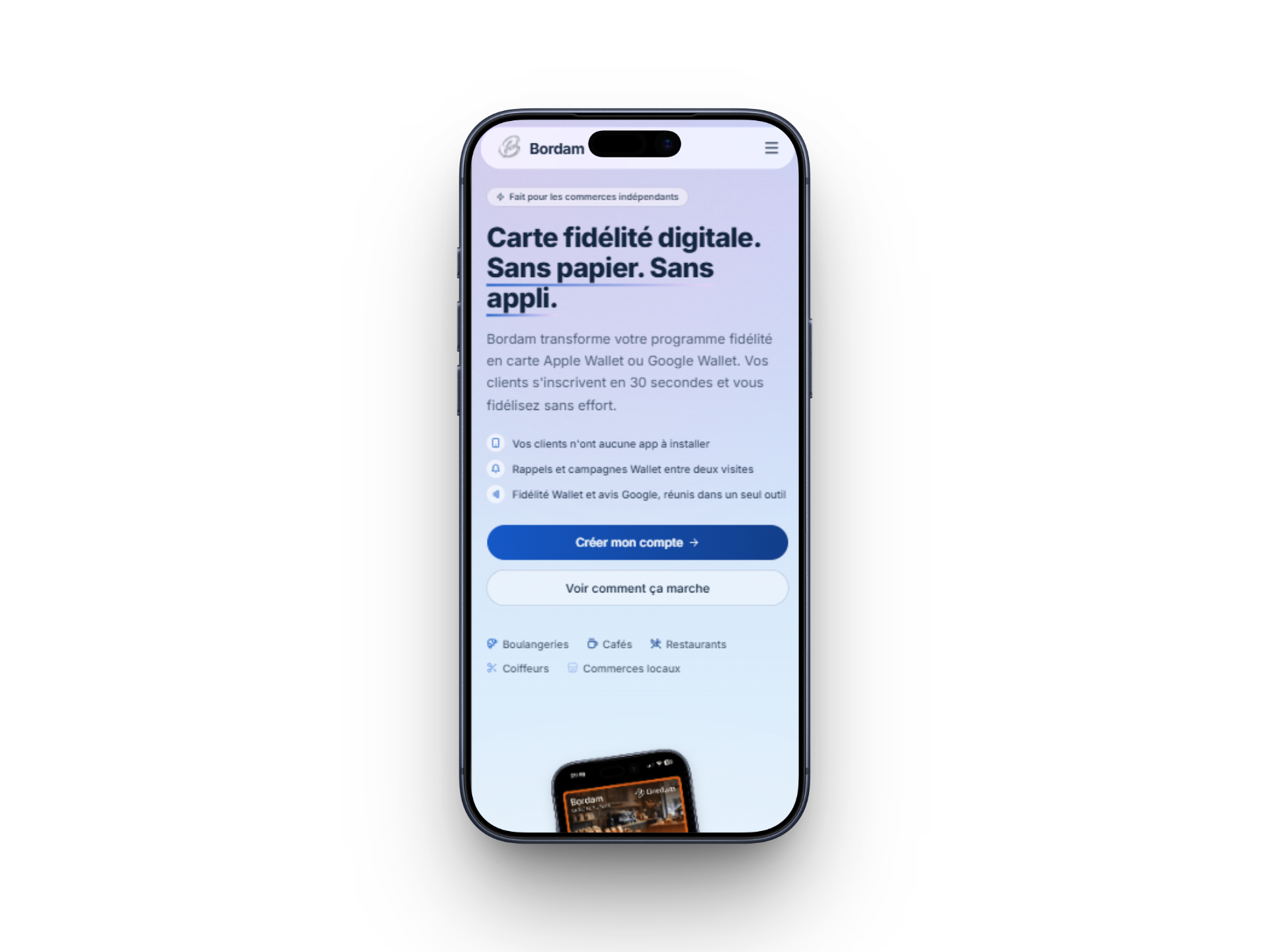 Le même site Bordam affiché sur iPhone, adapté mobile.